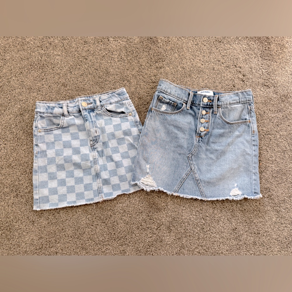Girls denim skirt bundle checker print button fly distressed